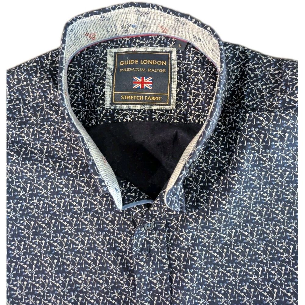 Guide London Mens Large Short Sleeve Blue White Floral Stretch Button Down Shirt